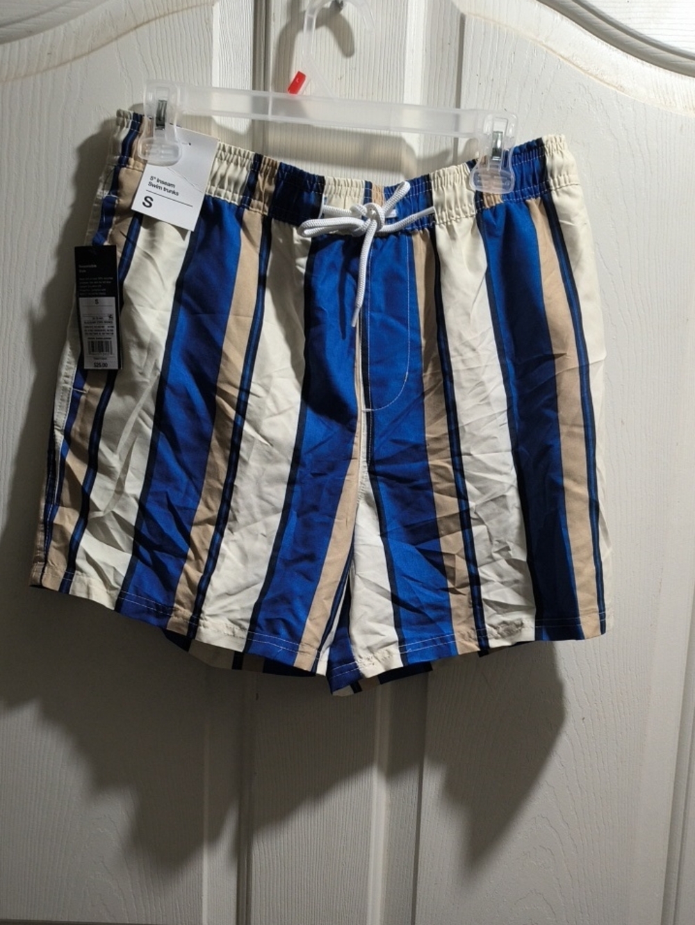 Original Use Blue, Cream & Brown Vertical Stripe Swim Trunks